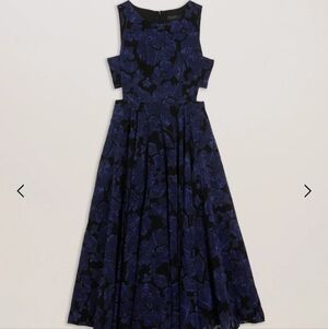 TED BAKER Occhito Textured Floral Print Cut Out Midi Dress.